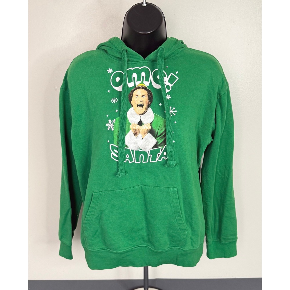 ELF Women's OMG! Santa Graphic Print Pullover Hoodie Green Size Medium Christmas
